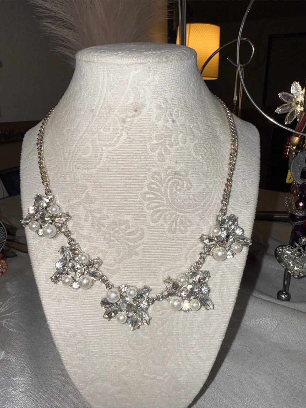 Delicate Pearl & Crystal Floral Statement Necklace - Silver Tone